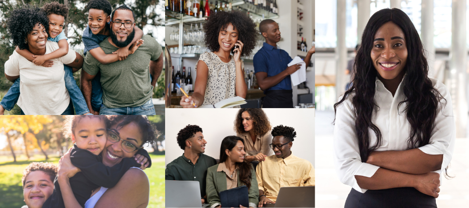 Collage of young people and families having fun.