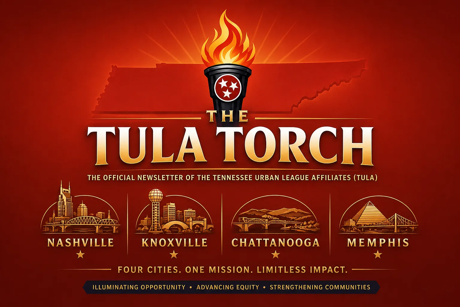 The TULA Torch newsletter artwork representing Urban League affiliates in Nashville, Knoxville, Chattanooga and Memphis.